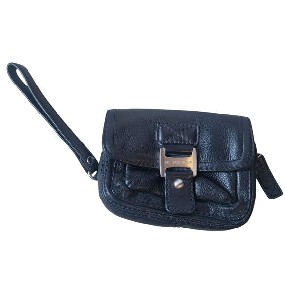 Michael Kors Black Clutch Silver MK buckle Small Wristlet MK inside Leather - Picture 1 of 8
